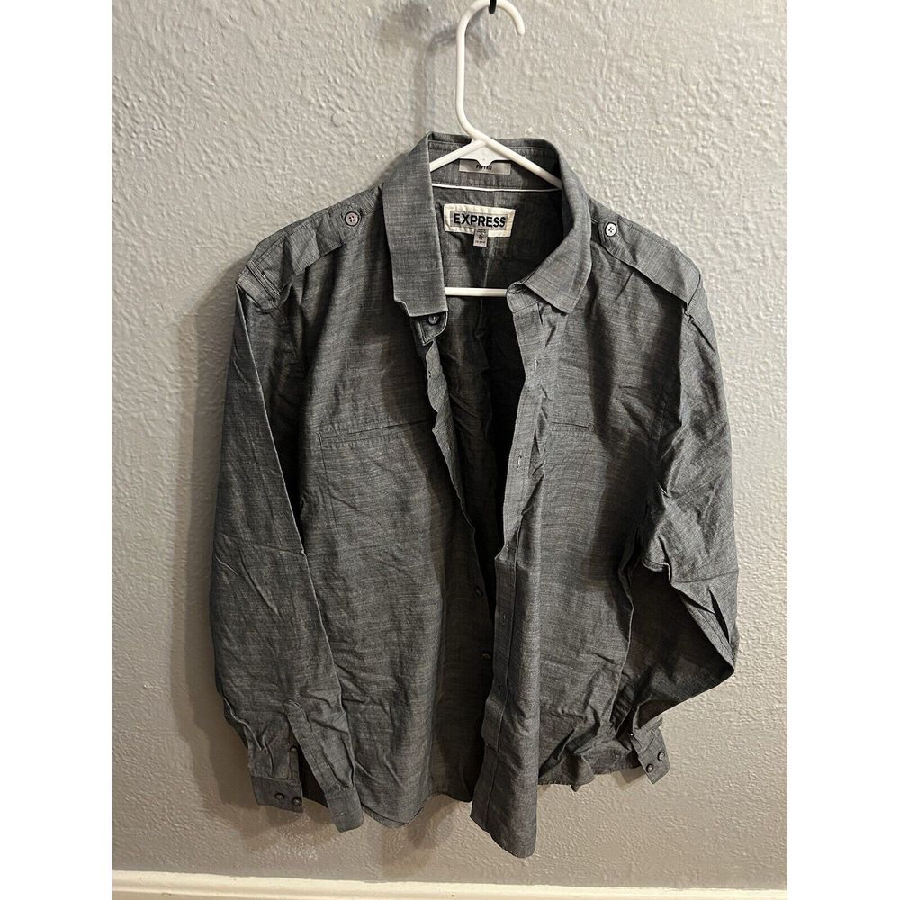 Express Mens Button Up Shirt Gray Long‎ Sleeve Fitted Spread Collar Pocket XL